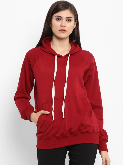 

PURYS Women Maroon Solid Hooded Sweatshirt