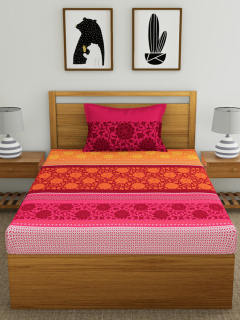 

Dreamscape Orange Pink Floral Flat 144 TC Cotton 1 Single Bedsheet with 1 Pillow Covers
