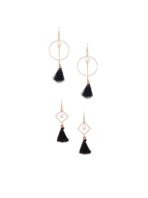 

OOMPH Set Of 2 Gold-Toned & Black Contemporary Drop Earrings
