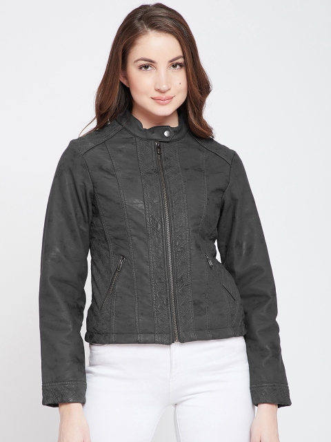 

Marie Claire Women Charcoal Grey Solid Biker Jacket