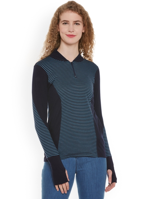 

Hypernation Women Navy Blue Striped Mandarin Collar T-shirt