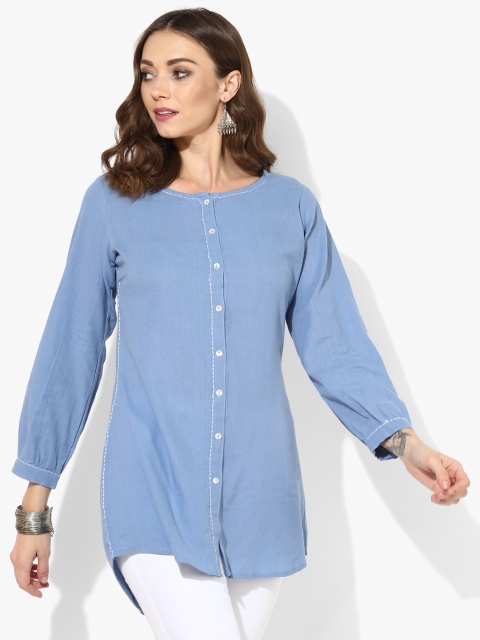 

Blue Round Neck 3/4th Sleeves Blue Chambray Tunic With Embroidery Highlight At Neck And Placket