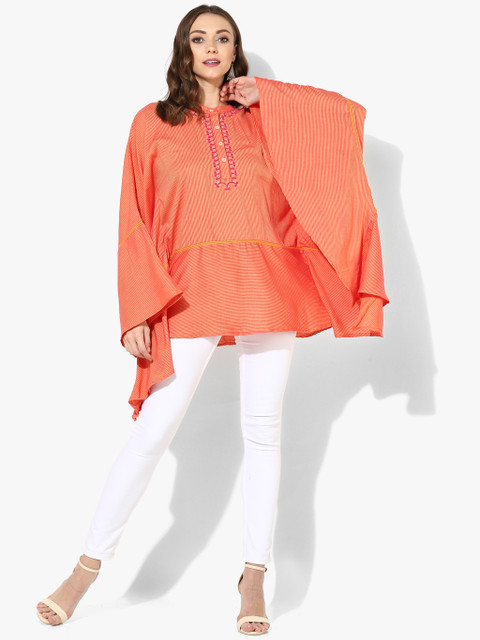 

Band Collar Full Sleeves Kaftan Top With Embroidered Neck And Placket Detail, Peach