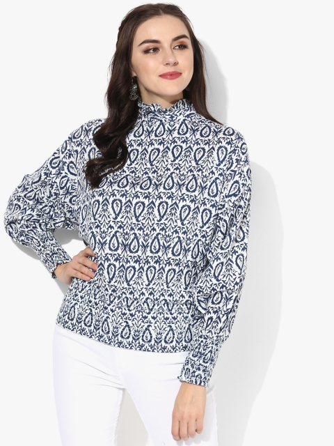 

Band Collar Full Sleeves Printed Top With Smocking And Frill Detailing, Navy blue