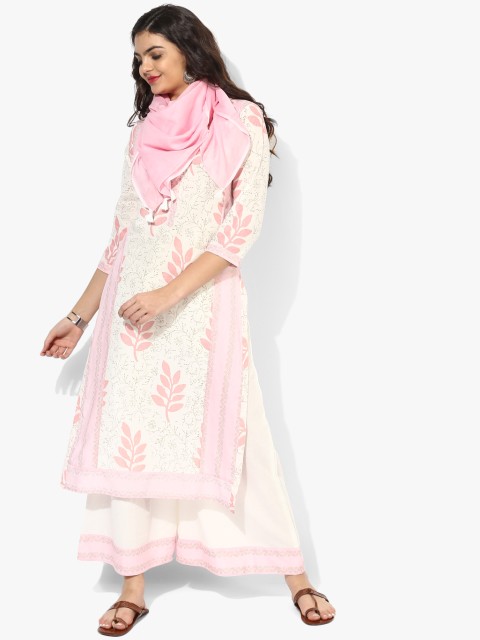 

Band Collar Block Printed Kurta Along With Panelled Solid Palazzo And Solid Scarf With Taseel Detail, Off white
