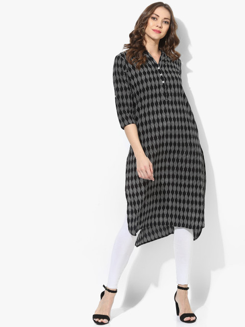 

Mandarin Collar Straight Kurta With Long Placket Round Hem 3/4Th Sleeves And Side Pockets, Black