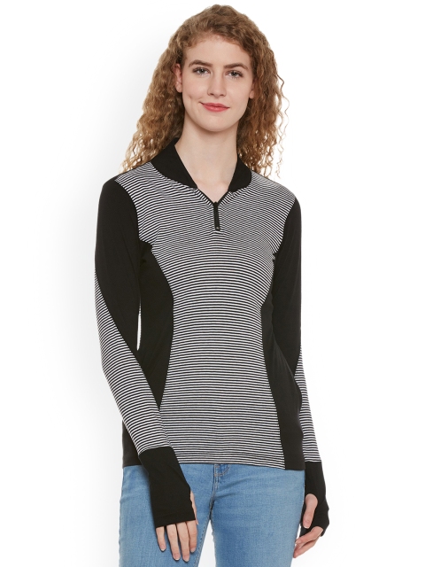 

Hypernation Women Black Striped Mandarin Collar T-shirt
