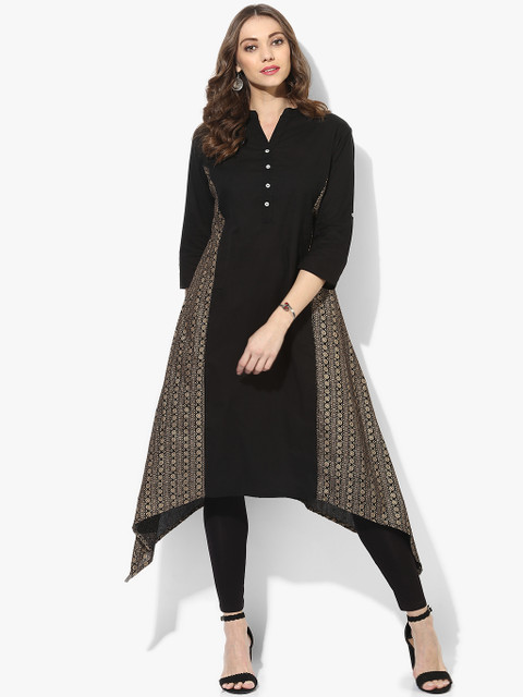 

Band Collar Aline Kurta With Front Placket And 3/4Th Sleeves, Black