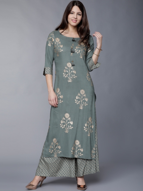 

Vishudh Women Olive Green & Golden-Coloured Printed Kurta with Palazzos