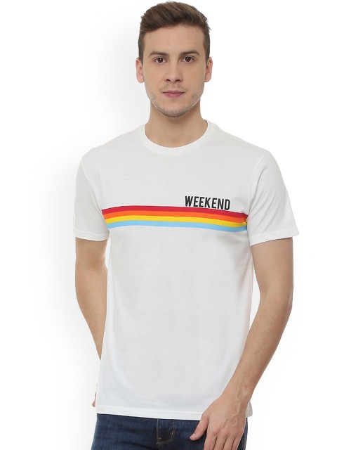 

People Men White Striped Round Neck T-shirt