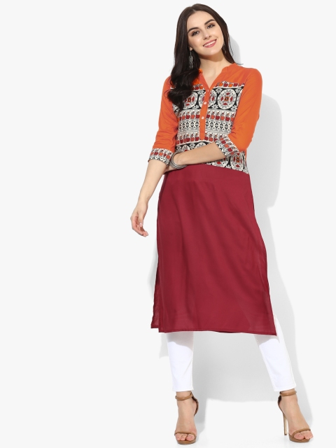 

Mandarin Collar 3/4Th Sleeeve Printed Kurta With Printed Detailing At Yoke, Maroon