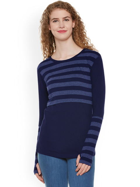 

Hypernation Women Blue Striped Round Neck T-shirt