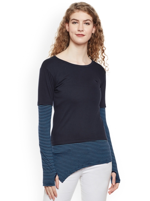 

Hypernation Women Blue Striped Round Neck T-shirt