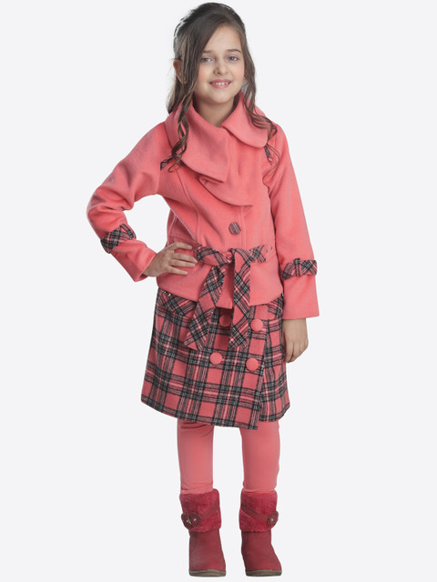 

CUTECUMBER Girls Pink & Black Solid Coat with Skirt