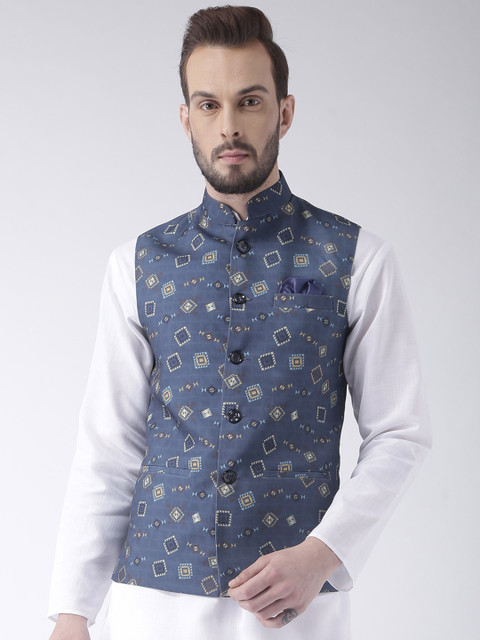 

Hangup Men Blue Woven Design Nehru Jacket