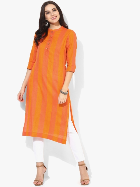 

Band Collar Straight Kurta With 3/4Th Sleeves And Side Pockets, Orange