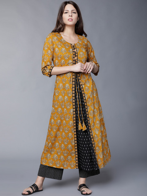 

Vishudh Women Mustard Yellow Printed A-Line Kurta