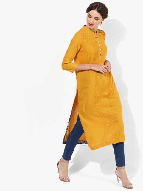 

Mandarin Collar 3/4Th Sleeves Solid Kurta With Half Front Placket And Printed Mustard Yellow Facing