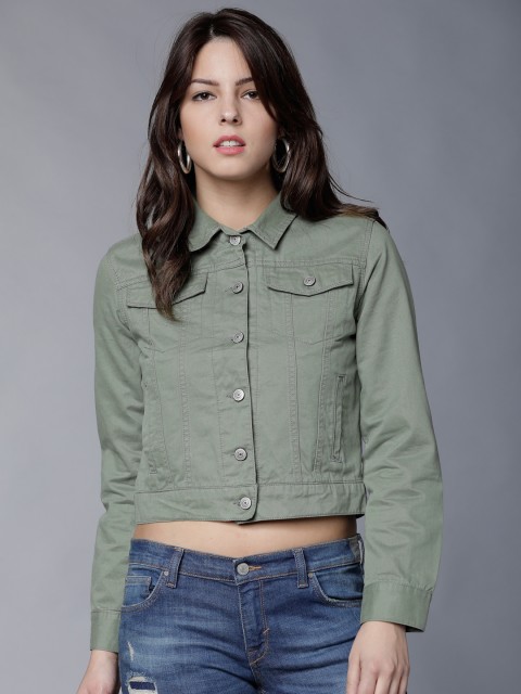 

Tokyo Talkies Women Olive Green Solid Denim Jacket