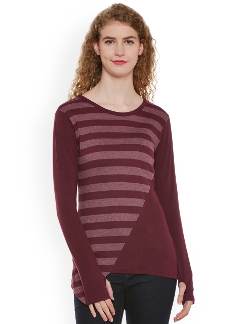 

Hypernation Women Maroon Striped Round Neck T-shirt