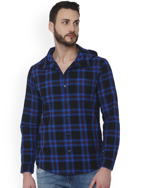 

Mufti Men Black & Blue Slim Fit Checked Hooded Casual Shirt
