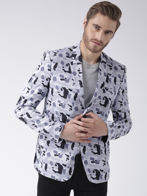 

Hangup Men Grey Printed Solid Single-Breasted Formal Blazer, White