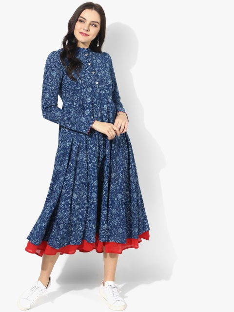 

Mandarin Collar Indigo Block Printed Anarkali With Waist Leather Belt & Full Sleeves, Navy blue
