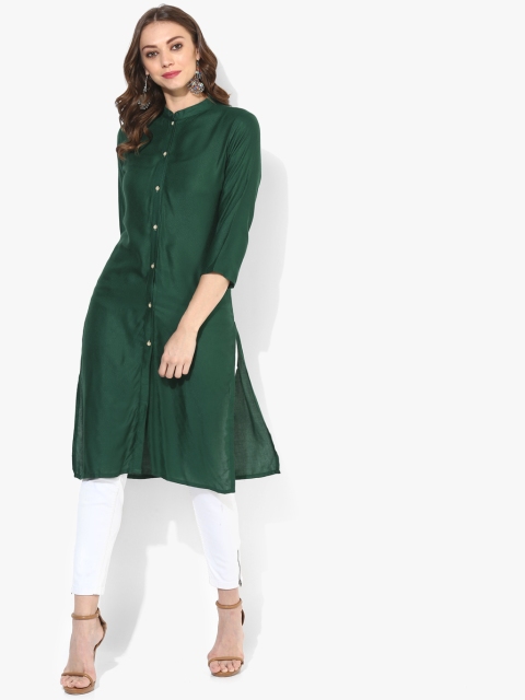

Band Collar 3/4Th Sleeves Textured Kurta With Full Center Placket, Green