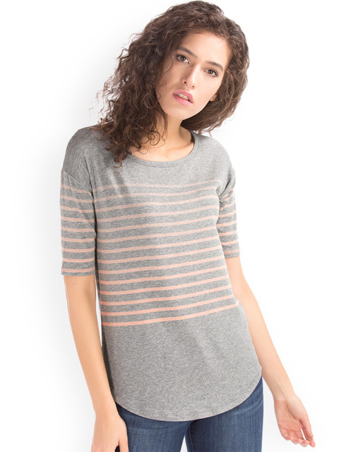

GAP Women Grey Stripe Short Drop Sleeve Top