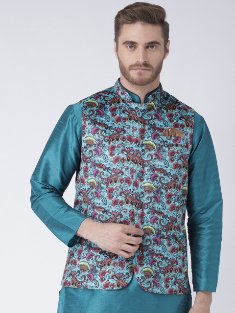

Hangup Men Turquoise Blue Printed Nehru Jacket