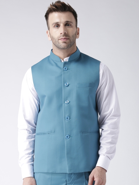 

Hangup Men Blue Solid Woven Nehru Jacket