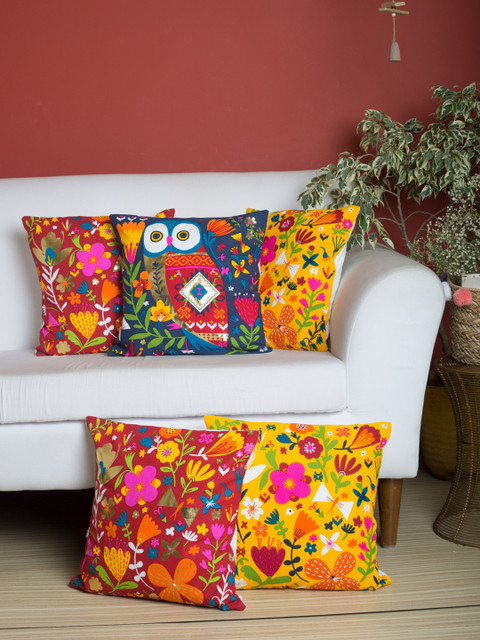 

Chumbak Multicoloured Set of 5 Floral Square Cushion Covers, Multi