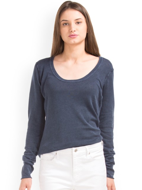 

GAP Women Navy Blue Vintage Wash Scoop Neck Pure Cotton Top