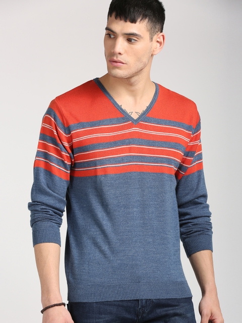 

Peter England Men Navy Blue Striped Pullover
