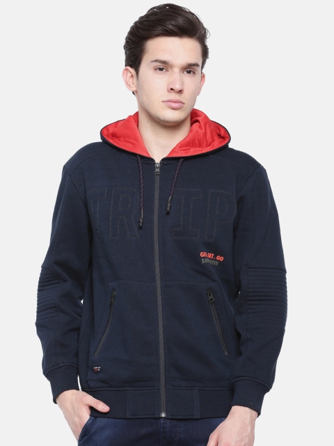 

t-base Men Navy Blue Printed Hooded Sweatshirt