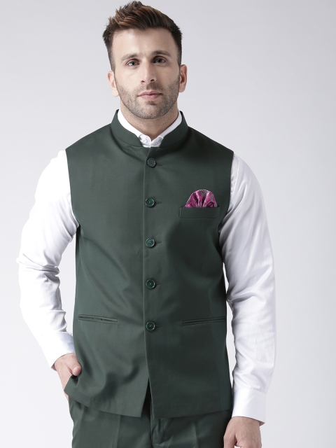 

Hangup Men Olive Green Solid Woven Nehru Jacket