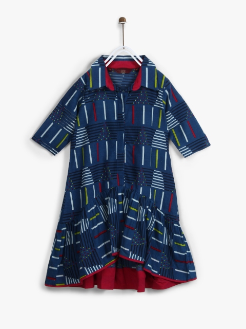 

Kids Shirt Collar Printed Dress With Placket Details, Blue