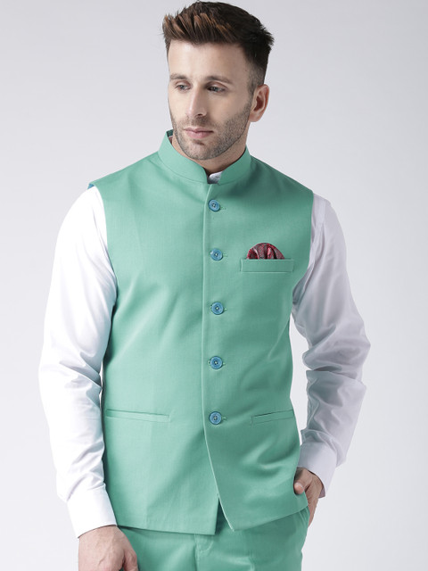 

Hangup Men Sea Green Solid Woven Nehru Jacket