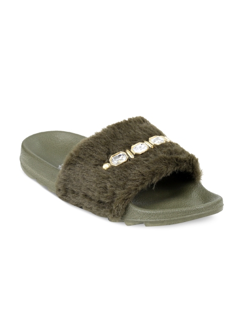 

meriggiare Women Olive Green Embellished Sliders