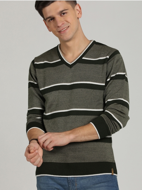 

Peter England Casuals Men Black & Olive Green Striped Pullover