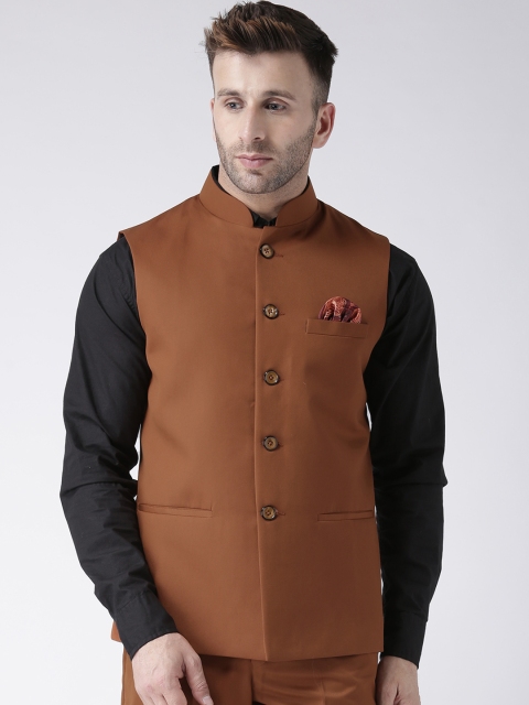 

Hangup Men Rust Brown Solid Woven Nehru Jacket