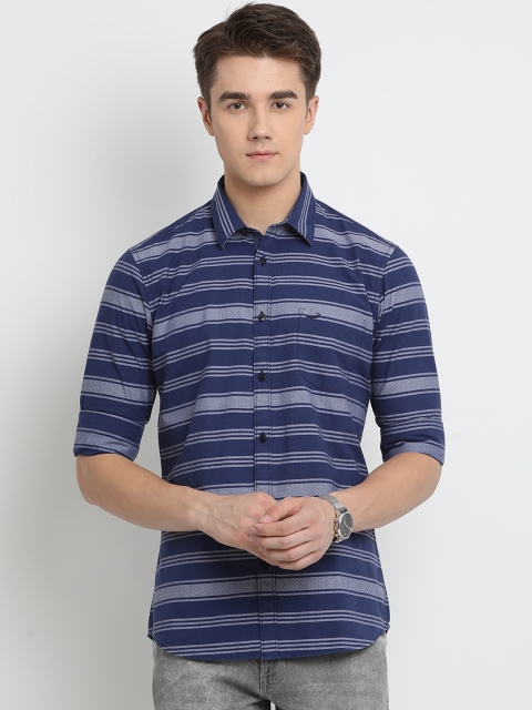 

Crocodile Men Navy Blue & Grey Slim Fit Striped Casual Shirt