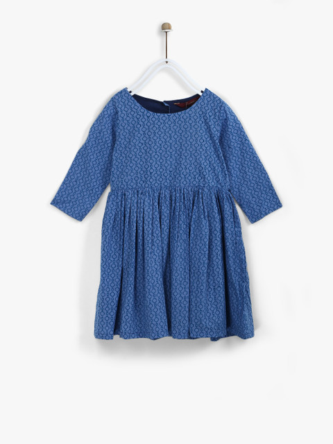 

Kids Round Neck Flared Printed Color Dress With Elbow Length Sleeves, Blue