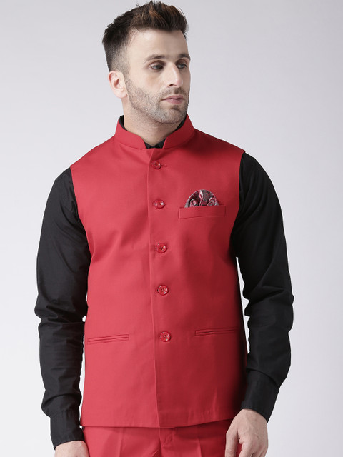 

Hangup Men Red Solid Woven Nehru Jacket