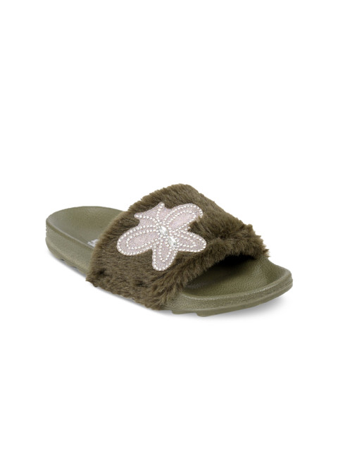 

meriggiare Women Olive Green Embellished Sliders
