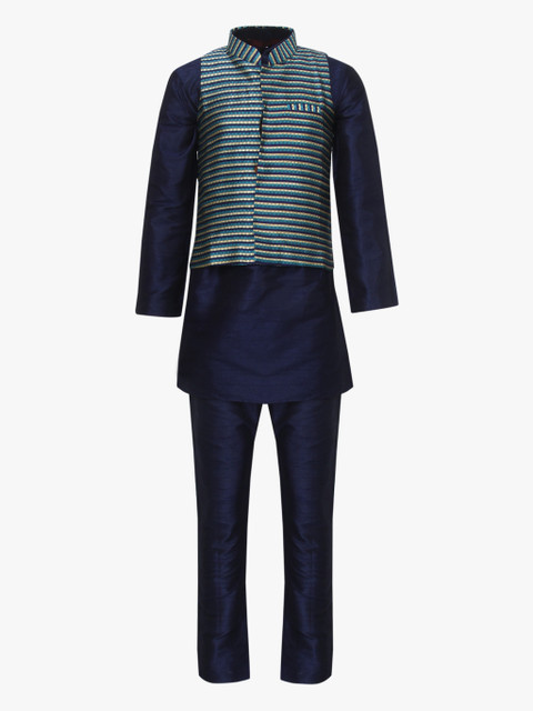 

Kids Mandarin Collar Kurta Along With Striped Short Jacket Long Sleeves, Navy blue