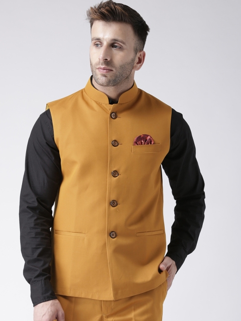 

Hangup Men Mustard Orange Solid Woven Nehru Jacket