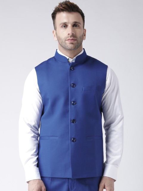 

Hangup Men Blue Solid Woven Nehru Jacket