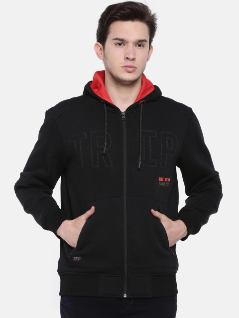

t-base Men Black Printed Hooded Sweatshirt