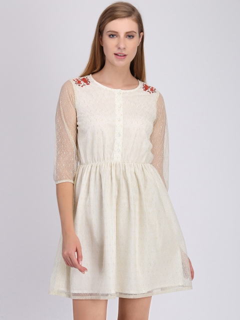 

Heather Hues Women Cream-Coloured Self Design Fit and Flare Dress